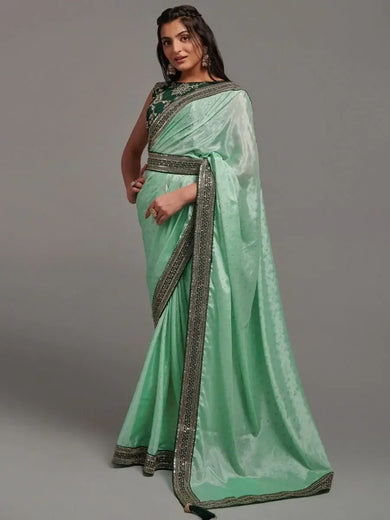 Attractive Green Chinon Embroidered Party Wear Saree With Blouse